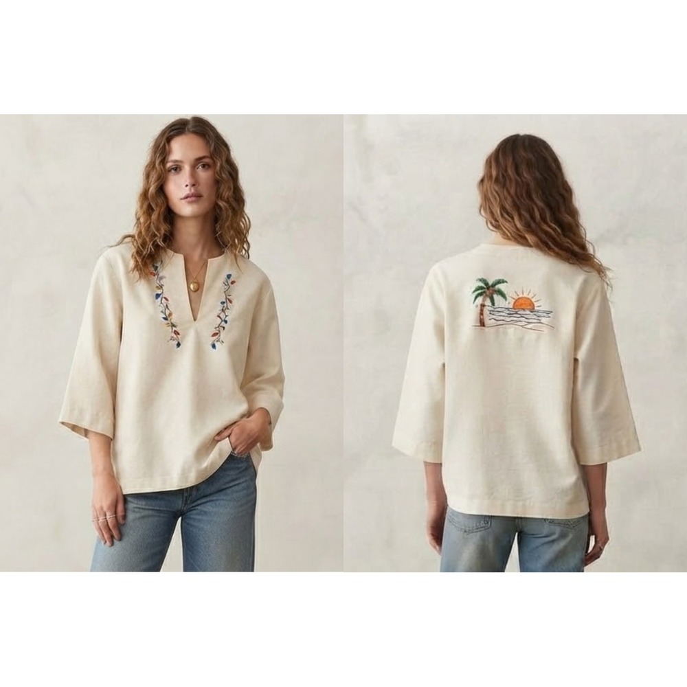 Handmade Embroidered Tunic Top Women L/XL Cream Tropical Sunset Boho Blouse